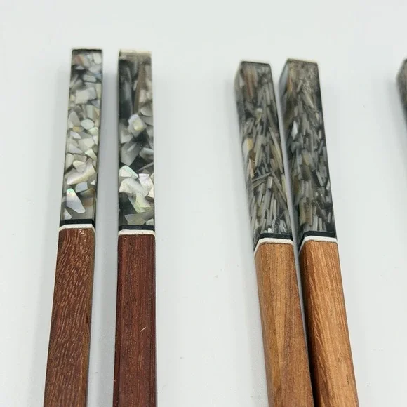 Japanese Style Iridescent Gray Faux Abalone Chopsticks Set 5 Pairs Wood Resin C - Picture 2 of 4